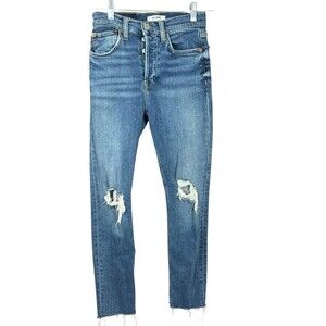 RE/DONE 90s High Rise Ankle Crop‎ Jeans 25 Destroyed Knee Frayed Hem Vintage
